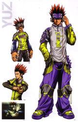  1boy absurdres artbook beatmania_iidx bemani black_hair character_name cyber_fashion full_body goli_matsumoto hand_in_pocket hand_on_headphones headphones highres long_sleeves male_focus multicolored_hair multiple_views official_alternate_costume official_art pants pointing red_hair scan shirt simple_background spiky_hair standing streetwear third-party_source two-tone_hair white_background yuz_(beatmania) 
