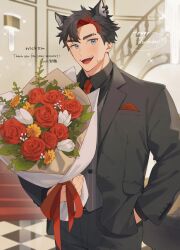  1boy abs animal_ears black_hair black_jacket black_pants black_shirt black_suit blue_eyes bouquet commission covered_abs covered_nipples covered_pectorals eyebrow_cut flower haishan_nick hand_in_pocket happy_birthday higashigunkan holding holding_bouquet jacket large_pectorals male_focus multicolored_hair multiple_scars muscular muscular_male open_mouth original pants pectoral_cleavage pectorals red_hair rose scar scar_on_cheek scar_on_face shirt short_hair skeb_commission smile solo suit tail tight_clothes vest wolf_boy wolf_ears wolf_tail 