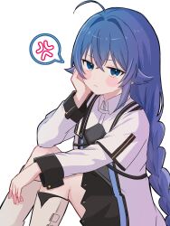  1girl ahoge anger_vein black_skirt blue_eyes blue_hair blush_stickers boots braid bushamaru crossed_bangs hand_on_own_cheek hand_on_own_face highres knee_boots long_braid long_hair long_sleeves looking_at_viewer mushoku_tensei robe roxy_migurdia simple_background sitting skirt solo spoken_anger_vein white_background white_robe 