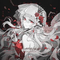 commission crown earrings flower frills hair_flower hair_ornament highres holding holding_knife jewelry knife long_hair looking_back original petals red_eyes red_flower red_rose rose smile snowcake47 thorns veil wavy_hair white_hair 