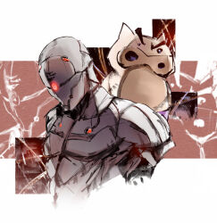  2boys buriburizaemon commentary_request crayon_shin-chan cyborg gray_fox_(metal_gear) ikuyoan metal_gear_(series) metal_gear_solid multiple_boys ninja pig shinkawa_youji_(style) shiozawa_kaneto voice_actor_connection 