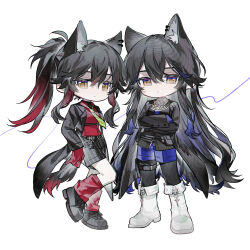  2girls absurdres animal_ear_fluff animal_ears arknights black_hair black_jacket black_pantyhose black_shorts black_vest blue_necktie boots chibi chibi_only closed_mouth collared_shirt crossed_arms diagonal-striped_clothes diagonal-striped_necktie dual_persona full_body gloves green_necktie hair_between_eyes highres jacket long_hair long_sleeves looking_at_viewer multiple_girls necktie official_alternate_costume pantyhose ponytail qu_le_hua_yuan_yuan_zhu_min red_gloves red_shirt red_socks shirt shorts simple_background socks standing striped_clothes striped_necktie striped_shorts tail texas_(arknights) texas_(willpower)_(arknights) texas_the_omertosa_(arknights) vest white_background white_boots wolf_ears wolf_girl wolf_tail 