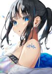  1girl absurdres bangs bare_shoulders black_hair blue_eyes cross cross_earrings ear_piercing earrings heart heart-shaped_pupils highres iridescent jewelry long_hair looking_at_viewer mashiro_kta original parted_lips piercing ponytail simple_background solo symbol-shaped_pupils upper_body white_background 