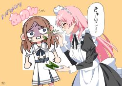  2girls anger_vein bang_dream! bang_dream!_it's_mygo!!!!! belt black_dress black_hair black_ribbon brown_hair chihaya_anon commentary_request cucumber dress fang feeding fork glasses grey_belt highres holding holding_fork juliet_sleeves long_hair long_sleeves maid maid_headdress multiple_girls nagasaki_soyo neck_ribbon open_mouth ora_(oraora_oekaki) pink_hair puffy_sleeves ribbon round_eyewear school_uniform sidelocks translation_request tsukinomori_school_uniform white_background 