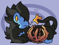  2025 abstract_background ambiguous_gender animal_ears animal_focus artist_name black_fur blue_fur bramblin brown_sclera colored_sclera commentary english_commentary english_text floating_eyes flying_sweatdrops full_body highres lion lion_ears lion_tail looking_at_another luxray lying mana-chan multicolored_fur nervous nervous_sweating no_humans on_stomach orange_eyes orb pokemon pokemon_(creature) pokemon_focus protecting purple_background scared signature simple_background spiral sweat sweatdrop tail tail_cover tumbleweed twitter_username worried 