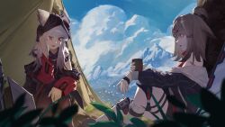  2girls absurdres animal_ears arknights arm_rest bandaid bandaid_on_shoulder bare_shoulders beanie black_jacket blue_sky brown_hair camping clouds cloudy_sky commentary commission cup cutter_(arknights) day ears_through_headwear english_commentary feet_out_of_frame fox_ears fox_girl frostleaf_(arknights) grey_shirt hair_ornament halberd hat headphones highres holding holding_cup jacket knee_pads long_hair long_sleeves looking_at_another medium_hair mountain multiple_girls off_shoulder open_clothes open_jacket open_mouth outdoors plant polearm red_eyes red_jacket red_shirt scenery shirt sitting sky smile tent topknot vgen_commission weapon white_hair x_hair_ornament znith 