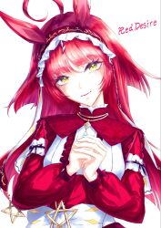  1girl ahoge animal_ears blunt_bangs blunt_ends blunt_sidelocks character_name closed_mouth commentary_request dress frilled_hairband frills hair_between_eyes hairband highres horse_ears horse_girl layered_hair long_hair long_sleeves looking_at_viewer own_hands_clasped own_hands_together red_desire_(divine_raiment)_(umamusume) red_desire_(umamusume) red_dress red_hair red_hairband red_headdress red_veil sidelocks simple_background smile solo star_ornament umamusume veil white_background yellow_eyes yuki6238 
