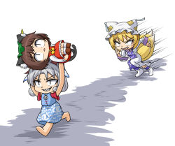  3girls animal_ear_fluff animal_ears barefoot blonde_hair blue_shirt blue_skirt blue_tabard bow bowtie brown_hair brown_shoes carrying carrying_person cat_ears cat_girl cat_tail chasing chen commentary deformed detached_sleeves dress earrings fangs fox_ears fox_girl fox_tail frilled_skirt frills goat_horns green_hat hat hidaruma horns jewelry long_sleeves mob_cap motion_lines multiple_girls multiple_tails open_mouth red_skirt red_sleeves red_vest running sharp_teeth shirt shoes short_hair single_earring skirt slit_pupils socks speed_lines tabard tail teeth touhou toutetsu_yuuma two_tails vest white_background white_dress white_hair white_hat white_shirt white_socks yakumo_ran yellow_bow yellow_bowtie 