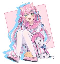  1girl :3 :d absurdres ahoge animal_ears bad_id bad_twitter_id cat_ears cat_girl en_(e_nentt) fangs frilled_sailor_collar frills full_body green_eyes hair_ornament highres knees_up long_hair long_sleeves looking_at_viewer multicolored_hair nijisanji open_mouth pantyhose pink_hair pink_sailor_collar pink_shoes pom_pom_(clothes) pom_pom_hair_ornament rabbit_hair_ornament sailor_collar shoes sitting skirt smile solo streaked_hair striped_sleeves twintails virtual_youtuber white_pantyhose x_hair_ornament yang_nari yang_nari_(3rd_costume) 