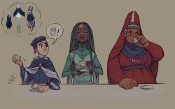  1boy 2girls aqua_dress aqua_hair blue_cloak blue_hat blue_robe c-rowlesdraws cloak closed_eyes commentary cup dark-skinned_female dark_skin dreadlocks dress drinking english_commentary eyepatch fat flat_cap guimpe hat hat_tassel herrah_(hollow_knight) hollow_knight humanization jewelry lurien_(hollow_knight) monomon_(hollow_knight) multiple_girls necklace pearl_necklace red_dress red_veil reference_inset robe sitting spoken_character teacup veil 