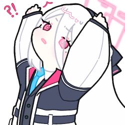  !? 1girl arms_up black_hairband black_ribbon blue_archive blue_necktie chibi commentary_request double-parted_bangs hair_between_eyes hair_ribbon hairband halo jacket kei_(blue_archive) kei_(student)_(blue_archive) korean_commentary long_hair long_hair_between_eyes long_sleeves looking_up lowres multicolored_jacket necktie pink_eyes pink_halo rectangular_halo ribbon ringed_eyes ruria03 simple_background solo two-tone_jacket white_background white_hair 