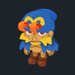  1boy artist_name beanie black_background blue_capelet blue_hat brown_eyes brown_shoes capelet chibi chibi_only closed_mouth commentary_request doll full_body geno_(mario) hat looking_at_viewer male_focus rizu_(rizunm) shoes simple_background solo standing super_mario_bros. super_mario_rpg 