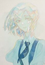  1other androgynous black_necktie closed_mouth collared_shirt commentary_request diamond_(houseki_no_kuni) gem_uniform_(houseki_no_kuni) gununu555 highres houseki_no_kuni looking_at_viewer multicolored_hair necktie other_focus shirt short_hair short_sleeves simple_background smile solo traditional_media upper_body white_hair white_shirt 