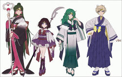  4girls bishoujo_senshi_sailor_moon black_bow black_kimono black_sandals blonde_hair blue_eyes blue_hakama blue_sandals boots bow brown_bow brown_hair closed_mouth commentary_request green_hair green_shoes grey_background grey_kimono grey_socks hakama hakama_skirt hakusai_(tiahszld) high_heel_boots high_heel_sandals high_heels highres holding holding_scythe holding_wand japanese_clothes kimono knee_boots lace-up_boots long_hair multiple_girls parted_bangs platform_sandals pleated_skirt purple_boots purple_skirt red_bow red_eyes sailor_neptune sailor_pluto sailor_saturn sailor_uranus sandals scythe shoes short_hair silence_glaive skirt smile socks tabi very_long_hair violet_eyes wand white_kimono yellow_bow zouri 