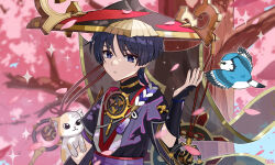  1boy arm_at_side armor bird black_bodysuit black_hair black_hat black_kimono black_mask black_sleeves black_veil blue_bird blue_sky blunt_ends bodysuit cat cherry_blossoms commentary eyeliner falling_petals finch fingernails furisode genshin_impact gold gold_trim grey_pupils hand_up hat highres japanese_armor japanese_clothes jewelry jingasa juban kimono kote kurokote layered_sleeves looking_at_animal makeup male_focus mandarin_collar mask mask_on_hat mitsudomoe_(shape) narasei neck_ring open_clothes open_hand open_kimono open_mouth outdoors petals pink_petals purple_rope purple_sash purple_sleeves red_eyeliner red_hat red_kimono red_sash rope sash scaramouche_(genshin_impact) shimenawa sky solo tassel tomoe_(symbol) tree two-tone_hat untranslatable_commentary veil violet_eyes white_kimono white_mouth white_rope wispy_bangs 
