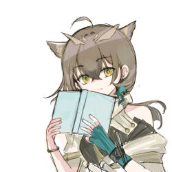  1girl ahoge arknights bare_shoulders black_dress blue_gloves book bracelet brown_hair crossed_bangs dress earrings extra_ears fingerless_gloves frown gloves hair_between_eyes highres holding holding_book hotorina infection_monitor_(arknights) jewelry long_hair looking_at_viewer official_alternate_costume one-hour_drawing_challenge open_book owl_ears owl_girl ponytail silence_(arknights) silence_the_paradigmatic_(arknights) simple_background single_glove sketch solo upper_body white_background yellow_eyes 