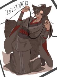  1boy :d ahoge androgynous animal_ears black_boots black_hair black_hanfu boots brown_hair chinese_clothes fang fox_boy fox_ears fox_tail full_body grandmaster_of_demonic_cultivation grey_eyes hands_up hanfu highres holding holding_string kemonomimi_mode kneeling leash long_hair long_sleeves looking_at_viewer male_focus new_year newachiachiacho open_mouth ponytail red_sash robe sash sidelocks simple_background smile solo string tail wei_wuxian white_background wide_sleeves 