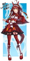  1girl ahoge animal_ears blunt_bangs blunt_ends blunt_sidelocks blush breasts brown_headdress commentary_request dress frilled_hairband frills full_body funaya_sakichi garter_straps hair_between_eyes hair_ornament hairband highres horse_ears horse_girl horse_tail layered_hair long_hair long_sleeves looking_at_viewer red_desire_(divine_raiment)_(umamusume) red_desire_(umamusume) red_dress red_garter_straps red_hair red_hairband red_headdress red_shoes red_thighhighs red_veil revision shoes sidelocks small_breasts smile socks solo star_ornament tail thigh-highs translation_request umamusume veil white_socks yellow_eyes 