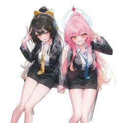  2girls absurdres aemeath_(wuthering_waves) alternate_costume black_hair black_jacket black_sandals black_skirt breasts commentary_request desk feet_out_of_frame female_rover_(wuthering_waves) hand_up highres jacket kerno korean_commentary legs long_hair looking_at_viewer medium_breasts miniskirt multiple_girls necktie on_desk open_clothes open_jacket open_mouth pink_hair rover_(wuthering_waves) sandals school_desk school_uniform shirt simple_background sitting skirt tacet_mark_(wuthering_waves) v very_long_hair white_background white_shirt wuthering_waves yellow_eyes 