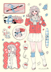  1girl :d absurdres alternate_costume artist_name blue_socks boots box carbuncle_(reverse:1999) character_name christmas_tree coat commentary_request creature fangs flag flute full_body gift gift_box gingerbread_man happy_holidays highres holding holding_flag instrument legs_apart medium_hair miniskirt mittens multiple_views open_mouth profile quad_braids red_eyes red_sweater reverse:1999 rikini_sushi rubuska skin_fangs skirt smile socks standing string_of_flags stuffed_animal stuffed_toy sweater teddy_bear unworn_mittens upper_body white_boots white_coat white_mittens white_skirt yellow_background 