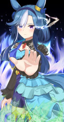  1girl absurdres admire_groove_(glacial_queen)_(umamusume) admire_groove_(umamusume) animal_ears blue_dress blue_eyes blue_hair blue_hairband blush breasts closed_mouth commentary_request detached_sleeves dress ear_covers eye_trail frown garter_straps hairband heterochromia highres horse_ears horse_girl horse_tail light_trail looking_at_viewer mole mole_under_mouth multicolored_hair necktie outstretched_arm reaching reaching_towards_viewer red_necktie sena_0402 short_sleeves solo streaked_hair tail thigh-highs umamusume violet_eyes white_hair white_streaks 