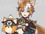  1boy 8_(e_uu88) animal_ears aqua_eyes armor bangs black_gloves blush brown_hair cake character_name commentary_request dog_boy dog_ears dog_tail fang fingerless_gloves food genshin_impact gloves gorou_(genshin_impact) grey_background hair_ornament happy_birthday highres holding japanese_armor japanese_clothes looking_at_viewer male_focus multicolored_hair paw_print simple_background tail tassel upper_body white_hair 