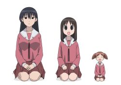  3girls :d ^_^ azumanga_daioh azumanga_daioh's_school_uniform black_eyes black_hair brown_hair closed_eyes dot_nose highres kasuga_ayumu kzmsi0yhgr41377 long_hair long_sleeves looking_at_viewer medium_hair mihama_chiyo multiple_girls open_mouth pink_shirt pleated_skirt red_skirt sailor_collar sakaki_(azumanga_daioh) school_uniform seiza serafuku shirt short_twintails simple_background sitting skirt smile straight-on twintails white_background white_sailor_collar winter_uniform 