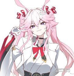  >:) 1girl :3 alternate_hairstyle animal_ears artist_name asiri_senpai black_choker choker commentary evanescia_(honkai:_star_rail) gloves hand_up head_tilt highres honkai:_star_rail honkai_(series) long_hair long_sleeves pink_hair shirt simple_background solo twintails upper_body v-shaped_eyebrows very_long_hair violet_eyes w white_background white_gloves white_shirt 