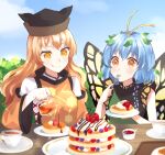 2girls antennae aqua_hair black_headwear black_tea blonde_hair blush butterfly_wings closed_mouth commission constellation_print cup day dress eternity_larva fairy food fork green_dress hair_between_eyes hat highres holding holding_fork holding_plate leaf leaf_on_head long_hair matara_okina multicolored_clothes multicolored_dress multiple_girls orange_eyes orange_sleeves pancake plate short_hair short_sleeves skeb_commission smile tabard tea tongue tongue_out touhou wanmofu wings yellow_eyes 