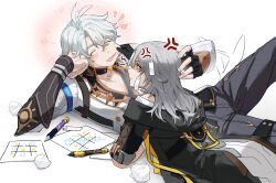  1boy 1girl 625light absurdres anger_vein antenna_hair black_choker black_gloves black_jacket bra_strap cheek_pinching choker closed_eyes closed_mouth commentary crumpled_paper elbow_rest gloves grey_hair grey_pants hair_between_eyes hand_on_another's_head highres honkai:_star_rail honkai_(series) jacket looking_at_another lying on_back on_stomach open_mouth pants paper pen phainon_(honkai:_star_rail) pinching pout short_hair simple_background stelle_(honkai:_star_rail) tic-tac-toe trailblazer_(honkai:_star_rail) white_background white_hair yellow_eyes 