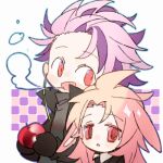  2boys :d animal_ears apple black_gloves black_jacket chibi chinese_commentary cigarette collared_shirt commentary_request earrings food fruit gloves grey_sweater hatsutori_hajime holding holding_food holding_fruit jacket jewelry kemonomimi_mode long_sleeves male_focus meebo multicolored_background multicolored_hair multiple_boys open_clothes open_jacket open_mouth pink_hair purple_hair rabbit_boy rabbit_ears red_eyes saibou_shinkyoku shirt short_hair smile smoke smoking sweater theodore_riddle triangle_mouth turtleneck turtleneck_sweater two-tone_hair white_shirt 