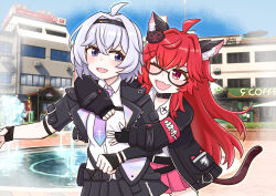  2girls ahoge animal_ear_fluff animal_ears black-framed_eyewear black_choker black_jacket black_skirt blush cat_ears cat_girl cat_tail choker collared_shirt cropped_jacket fang female_esper_zero_(nte) fingerless_gloves glasses gloves grey_hair highres hug hug_from_behind jacket long_hair looking_at_viewer multiple_girls nanally_(nte) neverness_to_everness one_eye_closed outdoors pink_skirt red_eyes red_hair shirt short_hair skin_fang skirt tail tsuyoshi_(normal811) very_long_hair violet_eyes white_shirt 