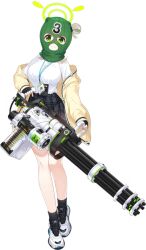  1girl 9ml ammunition_belt balaclava black_bow black_gloves black_skirt black_socks blonde_hair blue_archive bow breasts buttons cardigan closed_mouth clothes_writing covered_face cross-laced_shoes fingerless_gloves full_body game_asset gatling_gun gloves green_eyes green_halo gun hair_bow hair_rings halo heel_up highres holding holding_gun holding_weapon id_card lanyard large_breasts large_variant_set long_sleeves looking_at_viewer m134_minigun minigun miniskirt nonomi_(blue_archive) off_shoulder official_art open_cardigan open_clothes plaid_clothes plaid_skirt shirt_tucked_in shoes simple_background single_hair_ring skirt sleeves_past_wrists smile sneakers socks solo split_mouth standing tachi-e third-party_source transparent_background two-handed variant_set weapon white_shoes yellow_cardigan 