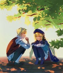  1boy 1girl artoria_caster_(fate) artoria_caster_(second_ascension)_(fate) artoria_pendragon_(fate) black_bow black_gloves black_pantyhose black_shoes blonde_hair blue_boots blue_bow blue_bowtie blue_cape blue_eyes blue_hat boots bow bowtie branch brooch cape closed_mouth collared_shirt commentary dappled_sunlight day eye_contact fate/grand_order fate/strange_fake fate_(series) flat_escardos full_body gloves green_eyes hand_up hat hat_bow high_heel_boots high_heels highres jewelry kon8_no_niji leaf leaf_on_head long_hair long_sleeves looking_at_another outdoors pantyhose popped_collar red_vest shirt shoes short_hair skirt sleeves_rolled_up smile socks squatting sunlight twintails two-sided_cape two-sided_fabric untucked_shirt vest white_shirt white_skirt white_socks 