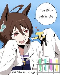  1boy 1girl agnes_tachyon_(umamusume) ahoge animal_ears blue_background bow bowtie brown_hair chemical_structure coat commentary ear_ornament english_text gradient_background hair_between_eyes happy_birthday heart highres holding holding_mini_person horse_ears horse_girl lab_coat long_sleeves looking_at_another mini_person open_mouth purple_bow purple_bowtie purple_shirt red_eyes reinren_sa shirt short_hair sleeves_past_fingers sleeves_past_wrists speech_bubble summer_uniform t-head_trainer_(umamusume) test_tube test_tube_rack trainer_(umamusume) umamusume white_coat 