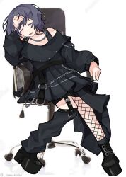  1girl bang_dream! bang_dream!_our_notes black_boots black_dress black_leg_warmers black_shorts blush boots chair closed_eyes commentary dress english_commentary fishnet_thighhighs fishnets grey_hair highres leg_warmers long_hair long_sleeves off-shoulder_dress off_shoulder open_mouth photo_background platform_boots samuperior short_hair shorts simple_background solo thigh-highs white_background yakura_yomogi 