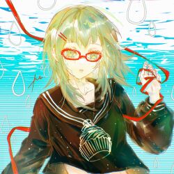  1girl :o bespectacled black_sailor_collar black_serafuku black_shirt breasts chinese_commentary collarbone commentary_request crying crying_with_eyes_open food glasses green_eyes green_hair gumi hair_ornament hairclip hand_up highres long_sidelocks long_sleeves looking_at_viewer midriff_peek mont_blanc_(food) parallel_hairclips parted_lips puffy_long_sleeves puffy_sleeves red-framed_eyewear red_ribbon ribbon sailor_collar school_uniform serafuku shirt short_hair_with_long_locks sidelocks signature small_breasts solo teardrop tearing_up tears upper_body vocaloid yowamushi_mont-blanc_(vocaloid) yukijam_xc 
