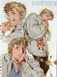  1boy absurdres aquan_error beard_stubble black_pants blonde_hair blue_shirt casual closed_mouth commentary facial_hair glasses grey_jacket grid_background head_on_hand highres jacket looking_at_viewer mature_male messy_hair multiple_views pants project_hail_mary ryland_grace shirt smile stubble untranslatable_commentary watch watch 