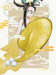  1girl black_hair bright_pupils green_eyes highres looking_to_the_side merfolk mermaid monster_girl pointy_ears solo white_pupils yaobikuni_(youkai_watch) youkai_(youkai_watch) youkai_watch yummy_3636 
