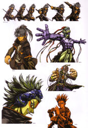  4boys absurdres beatmania_iidx bemani black_jacket character_request colored_skin goli_matsumoto green_hair grey_hair headphones highres holding holding_sword holding_weapon jacket katana long_hair male_focus multiple_boys multiple_views muscular muscular_male official_art outstretched_arms pectorals ponytail purple_skin scan shiki_(beatmania) shilow simple_background spiky_hair sword third-party_source weapon white_background yellow_skin yuz_(beatmania) 