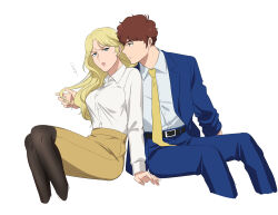  1boy 1girl alternate_universe amuro_ray black_pantyhose blonde_hair blue_jacket blue_pants breasts brown_hair char's_counterattack char_aznable commentary_request genderswap genderswap_(mtf) genderswap_on_non-genderswap gundam hetero jacket necktie nvig00 pants pantyhose shirt sitting skirt suit white_shirt yellow_necktie yellow_skirt 