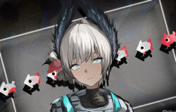  1girl absurdres arknights butaba_a commentary_request dark-skinned_female dark_skin grey_hair hair_ornament head_wings highres jacket raidian's_summons_(arknights) raidian_(arknights) short_hair simple_background smile solo unusually_open_eyes white_background wings 
