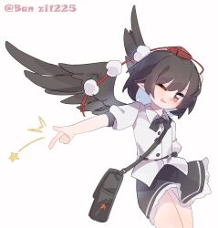  1girl :p absurdres bag bird_wings black_bag black_bow black_bowtie black_hair black_skirt black_wings bow bowtie collared_shirt commentary feathered_wings frilled_skirt frills gumingdi_ban hat highres looking_at_viewer one_eye_closed pointy_ears pom_pom_(clothes) puffy_short_sleeves puffy_sleeves red_eyes red_hat shameimaru_aya shirt short_sleeves shoulder_bag simple_background skirt solo star_(symbol) tokin_hat tongue tongue_out touhou twitter_username white_background white_shirt wings 