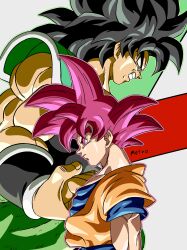  2boys absurdres armor black_armor black_hair blue_shirt broly_(dragon_ball_super) clenched_hand clenched_teeth commentary_request cowboy_shot dougi dragon_ball dragon_ball_super dragon_ball_super_broly from_side highres male_focus multiple_boys muscular muscular_male orange_shirt profile red_eyes red_hair shirt son_goku spiky_hair super_saiyan super_saiyan_god teeth yamuchasiyagatte yellow_eyes 