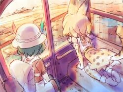  2girls all_fours animal_ears backpack bag cat_ears cat_girl cat_tail elbow_gloves gloves green_hair hat hat_feather helmet kaban_(kemono_friends) kawata_hisashi kemono_friends multiple_girls orange_hair pith_helmet red_shirt serval_(kemono_friends) shirt short_hair shorts sitting skirt sleeveless sleeveless_shirt tail thigh-highs white_shirt white_shorts window 