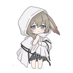  1girl animal_ears arknights blue_eyes blush brown_hair chibi chibi_only deformed dress floppy_ears frown full_body hierda_(arknights) hood hood_up hooded_dress ji_wan_2 rabbit_ears rabbit_girl short_hair simple_background standing tearing_up white_background white_dress 