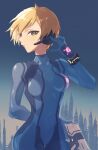  1girl blonde_hair blue_eyes blush bodysuit breasts large_breasts looking_at_viewer metroid miri_(cherryjelly) mole mole_under_mouth samus_aran short_hair simple_background skin_tight solo weapon younger zero_suit 
