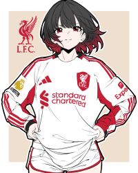  1girl bambi_surprise bare_legs black_hair black_shorts confident gradient_hair highres jersey looking_at_viewer multicolored_hair original racing_suit red_eyes red_hair short_hair shorts simple_background smile solo two-tone_background white_background white_jersey yellow_background 