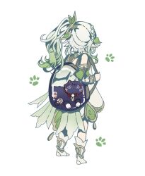  1girl animalization anklet armlet backpack bag black_cat bracelet braid cape cat clenched_hand colored_tips crown_braid detached_sleeves dress facing_away from_behind full_body gem genshin_impact gold_anklet gold_armlet gold_bracelet gold_trim gradient_hair green_cape green_gem green_hair green_sleeves hair_ornament hand_up highres jewelry leaf leaf_hair_ornament liuyun_(liuyun73492) long_hair multicolored_hair nahida_(genshin_impact) paw_print pointy_ears scaramouche_(cat)_(genshin_impact) scaramouche_(genshin_impact) short_dress side_ponytail sidelocks socks stirrup_footwear transparent_bag white_background white_dress white_hair white_socks 