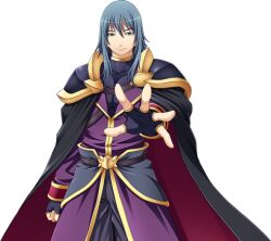  1boy armor blue_eyes blue_hair cape closed_mouth fingerless_gloves game_asset gloves kumacchi large_variant_set long_hair male_focus mercol non-web_source official_art outstretched_hand pauldrons self-datamine shoulder_armor shoulder_pads shugo_seijo_prism_saber simple_background smile solo tachi-e transparent_background variant_set 